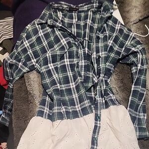 Plaid Button-Up Dress with White Skirt